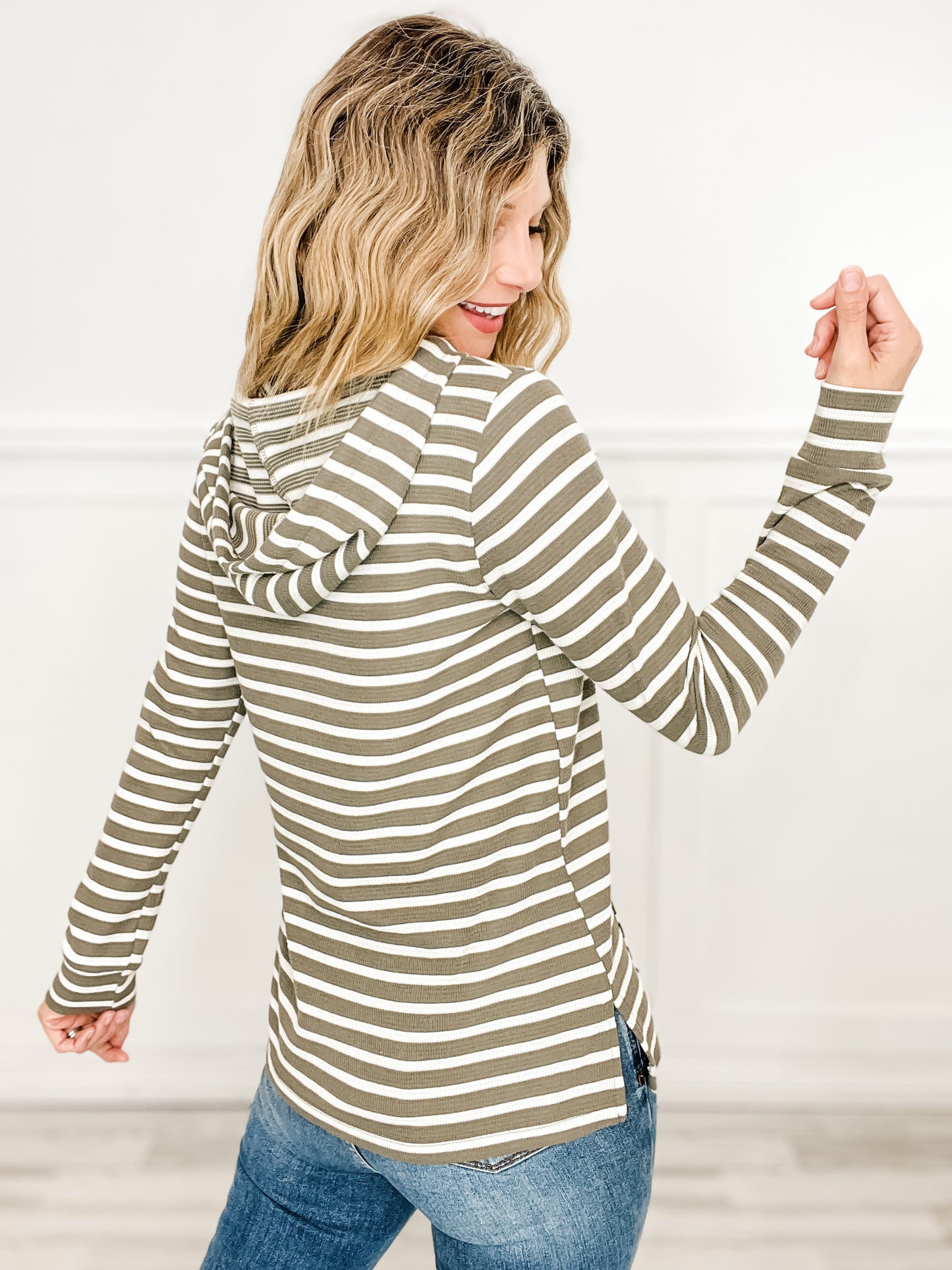 Long Sleeve Striped Hoodie Top with Kangaroo Pocket