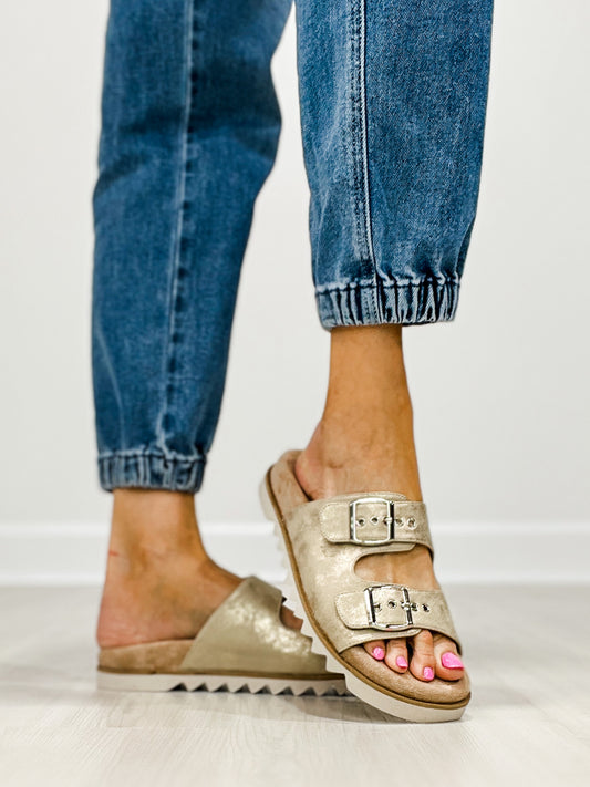 Corkys Dash Two Band Slide Sandals in GOLD WASHED METALLIC