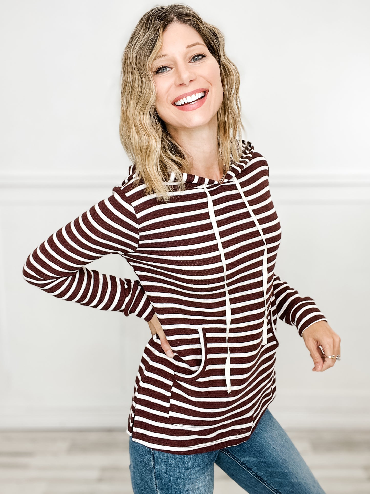 Long Sleeve Striped Hoodie Top with Kangaroo Pocket