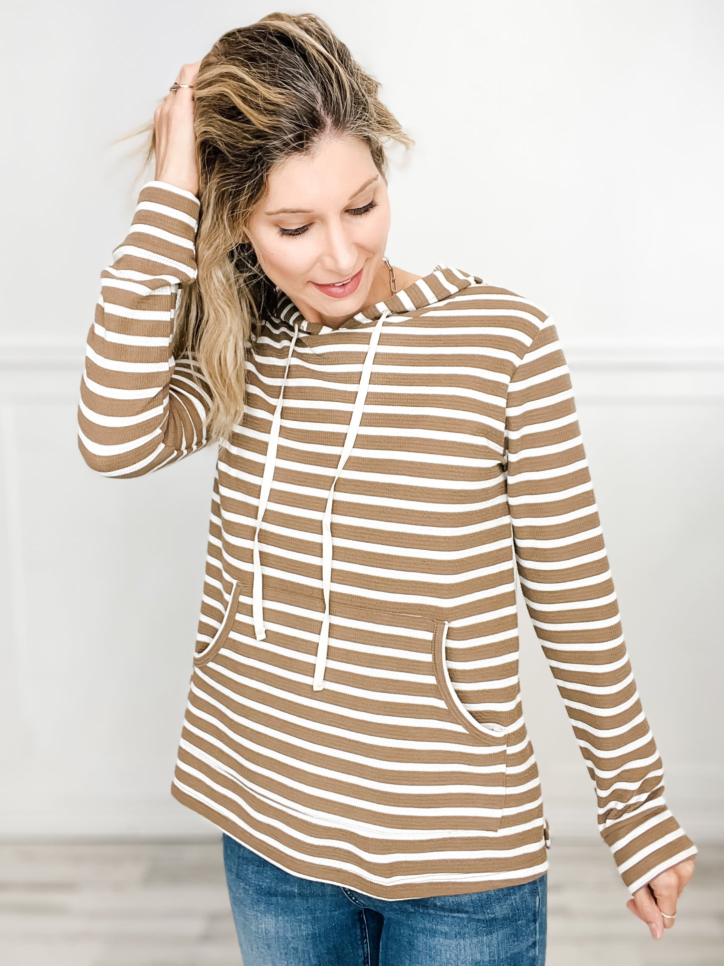 Long Sleeve Striped Hoodie Top with Kangaroo Pocket