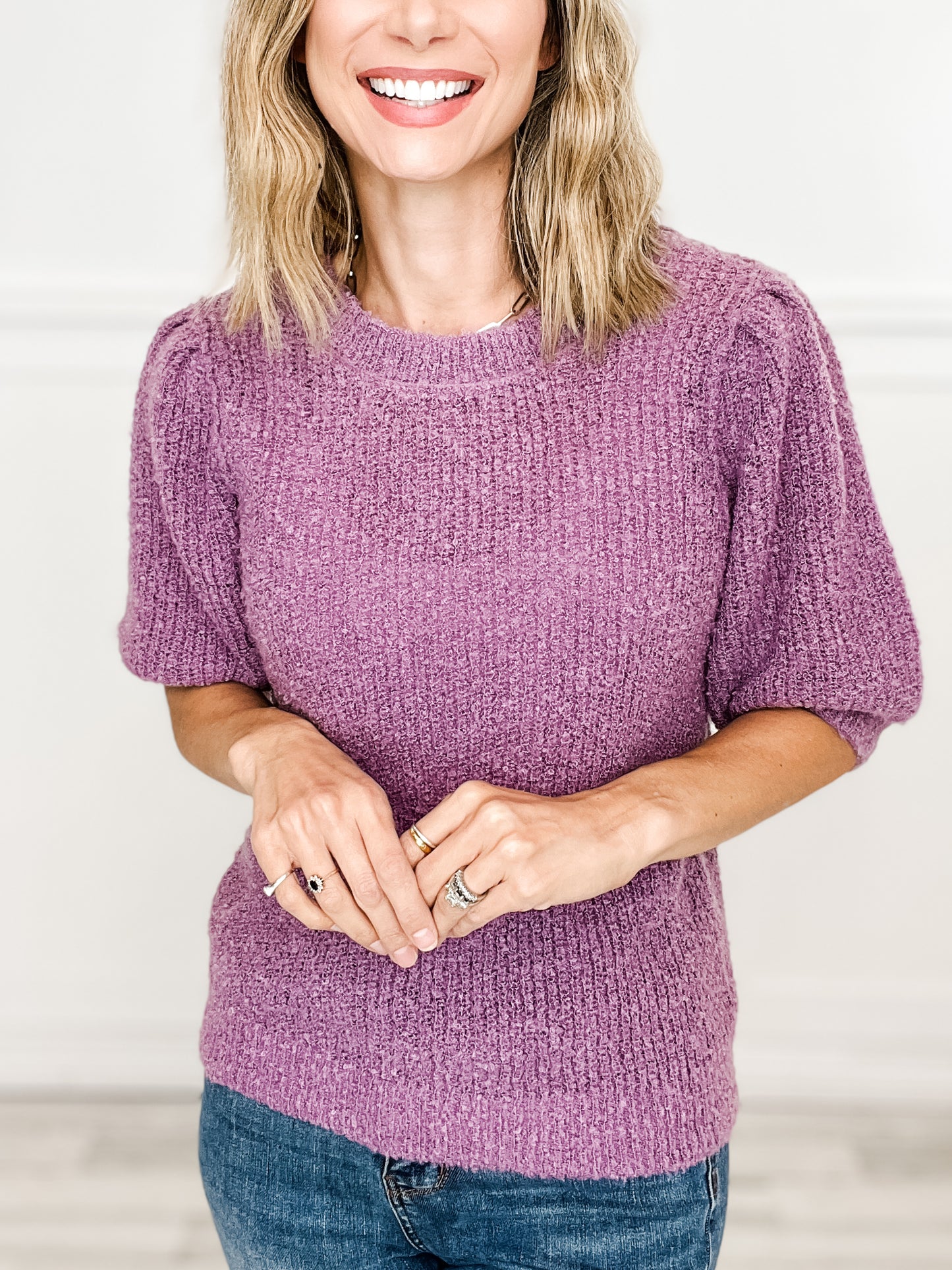 Half Sleeve Solid Knit Sweater with Round Neckline