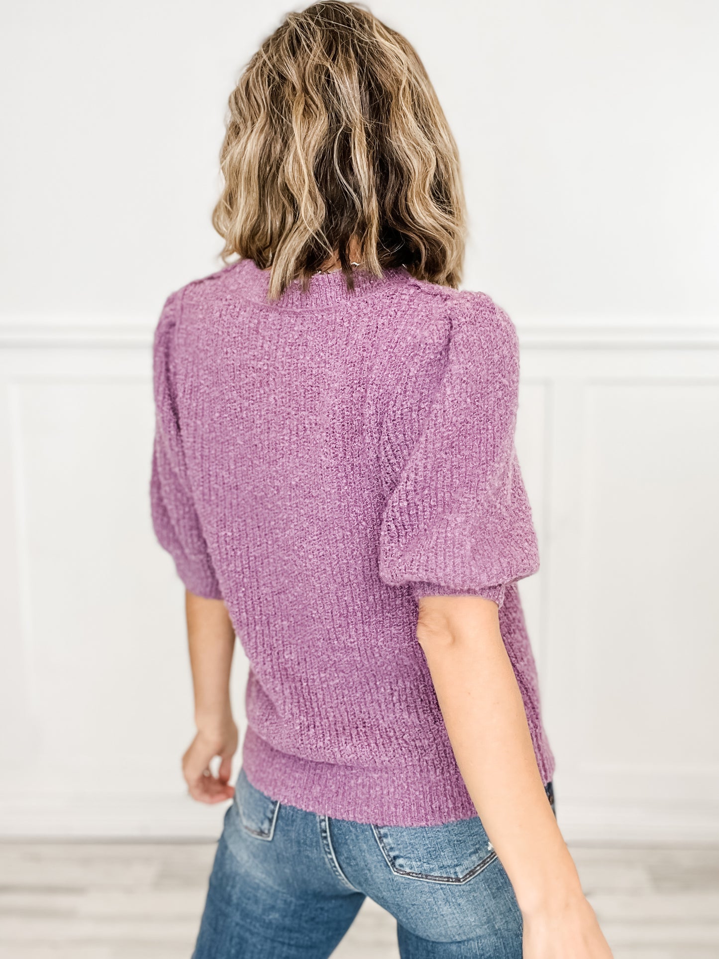 Half Sleeve Solid Knit Sweater with Round Neckline