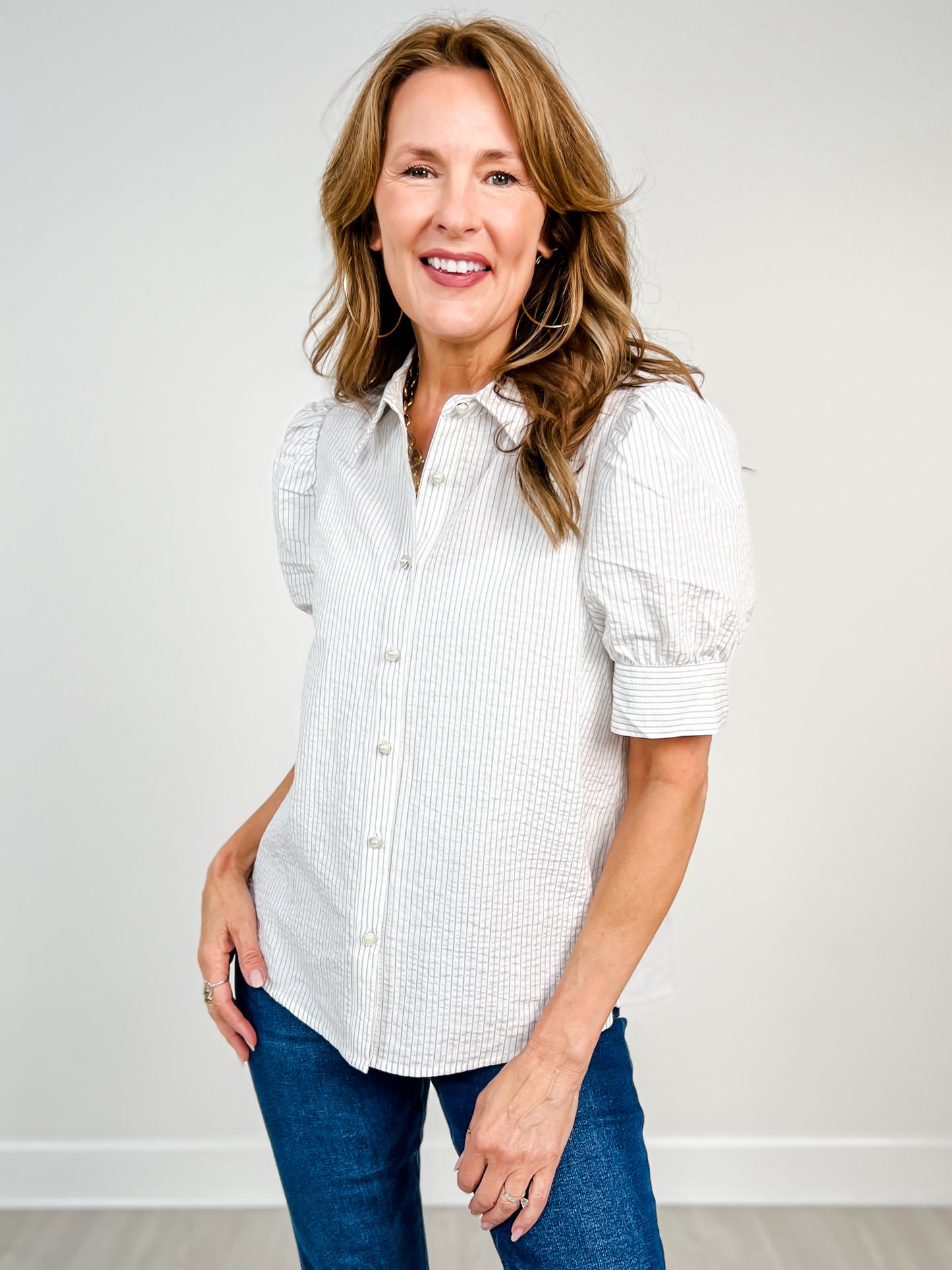 Pearl Rhinestone Button Detail Stripe Top