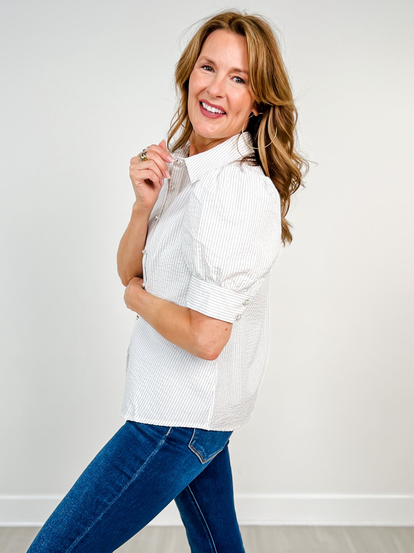 Pearl Rhinestone Button Detail Stripe Top