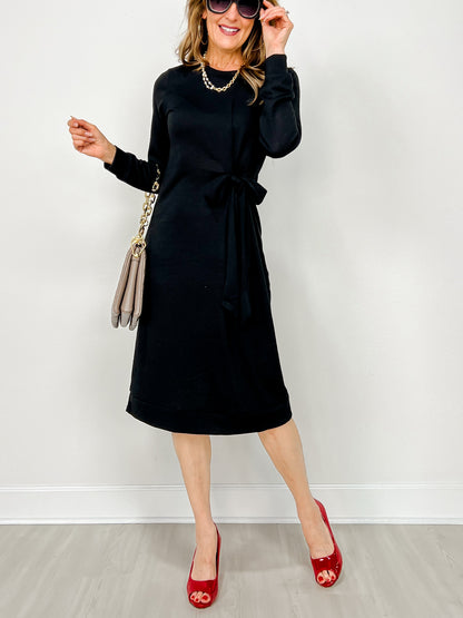 Soft Hacci Knit Side Tie Tunic Dress in Black