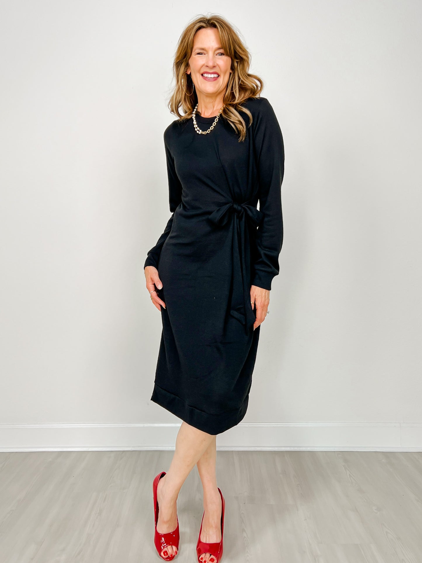 Soft Hacci Knit Side Tie Tunic Dress in Black