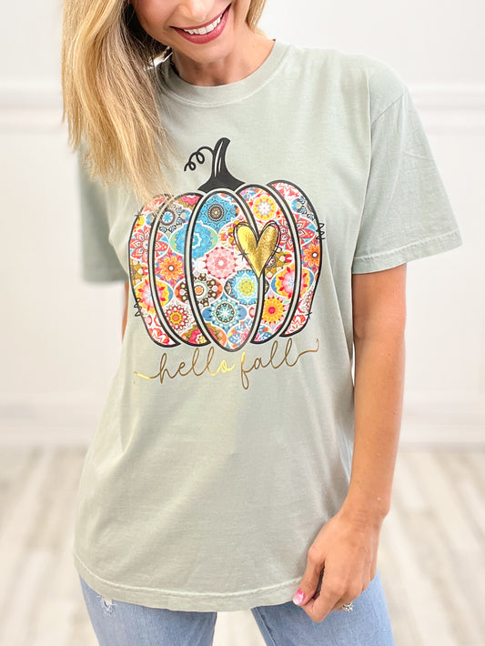 Hello Fall Pumpkin Embellished Thanksgiving Graphic Tee