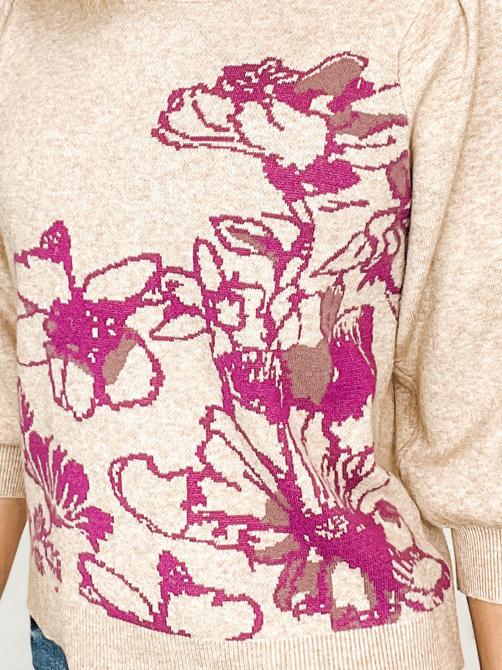 Three Quarter Sleeve Floral Print Knit Sweater