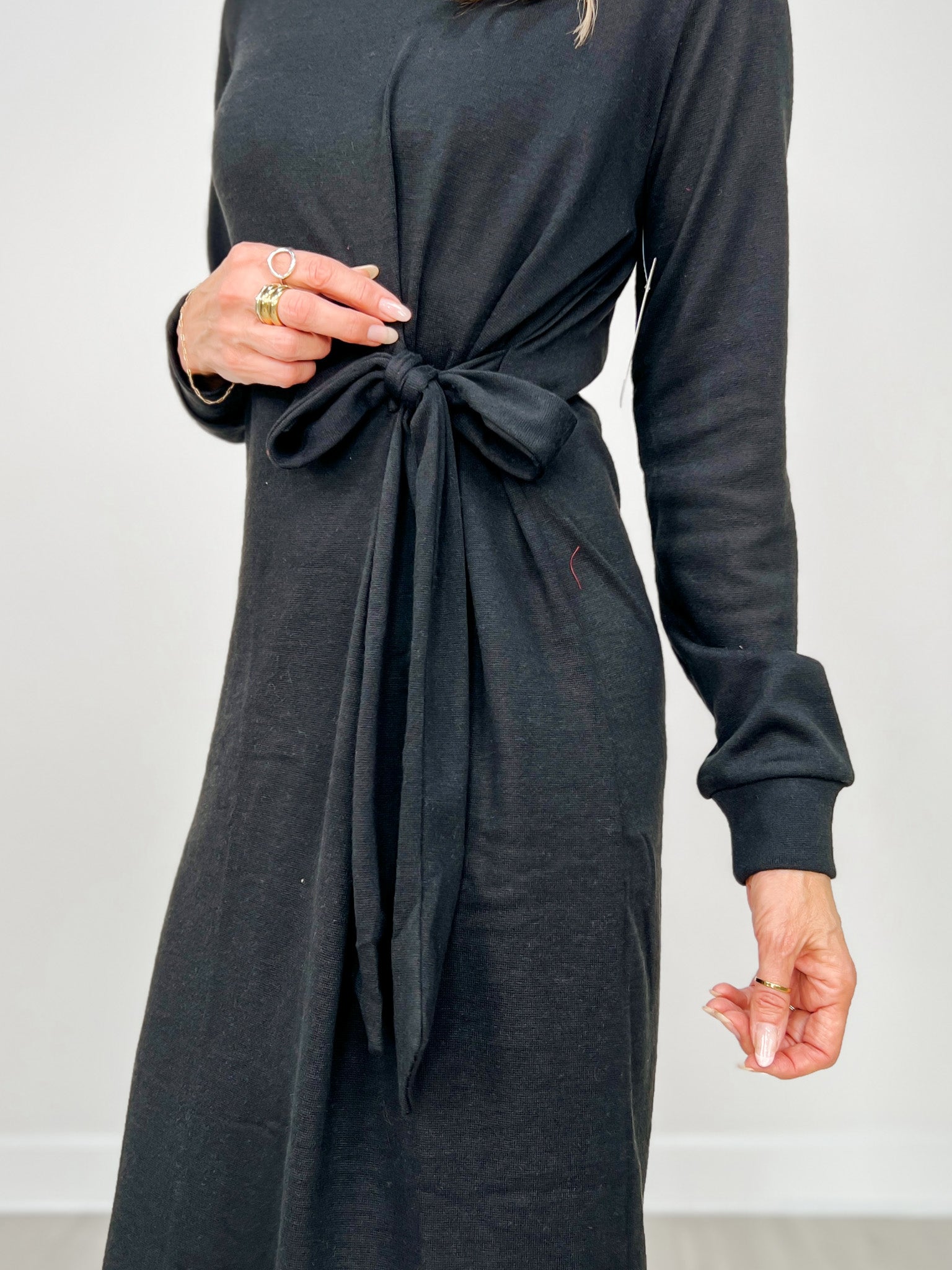 Soft Hacci Knit Side Tie Tunic Dress in Black