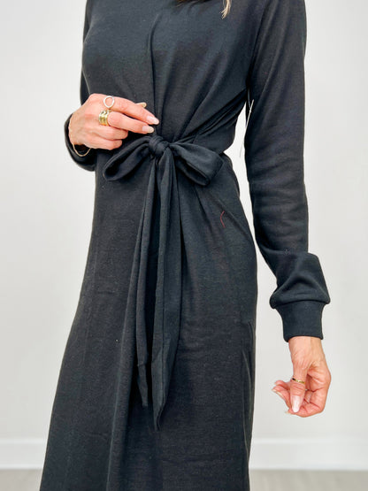 Soft Hacci Knit Side Tie Tunic Dress in Black