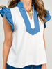 Denim Contrast Ruffle Sleeve Solid Top