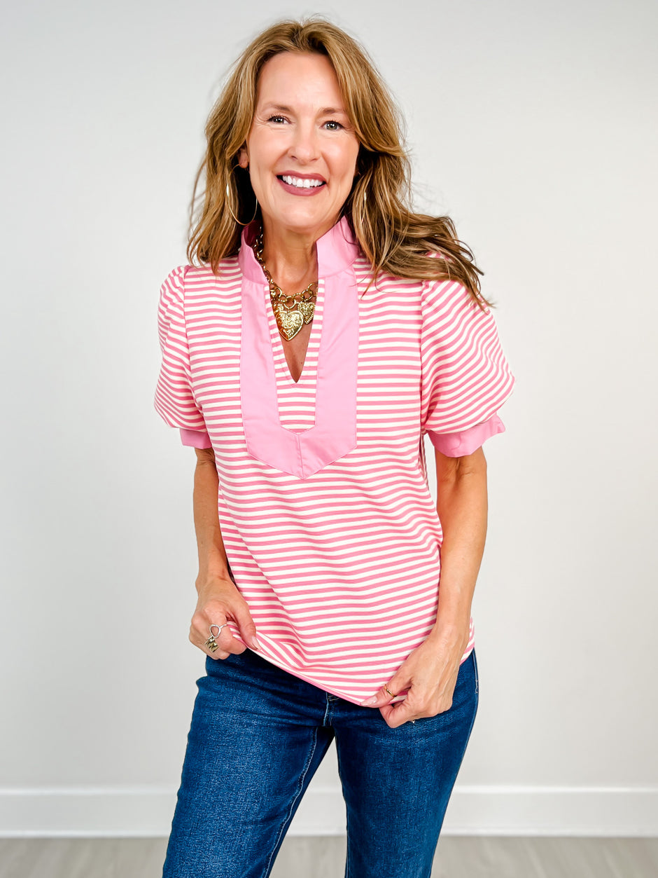 Short Puff Sleeve Solid Contrast Detail Stripe Top