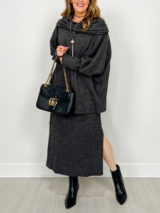 Brushed Thermal Cowl Neck 2-Piece Set in Black