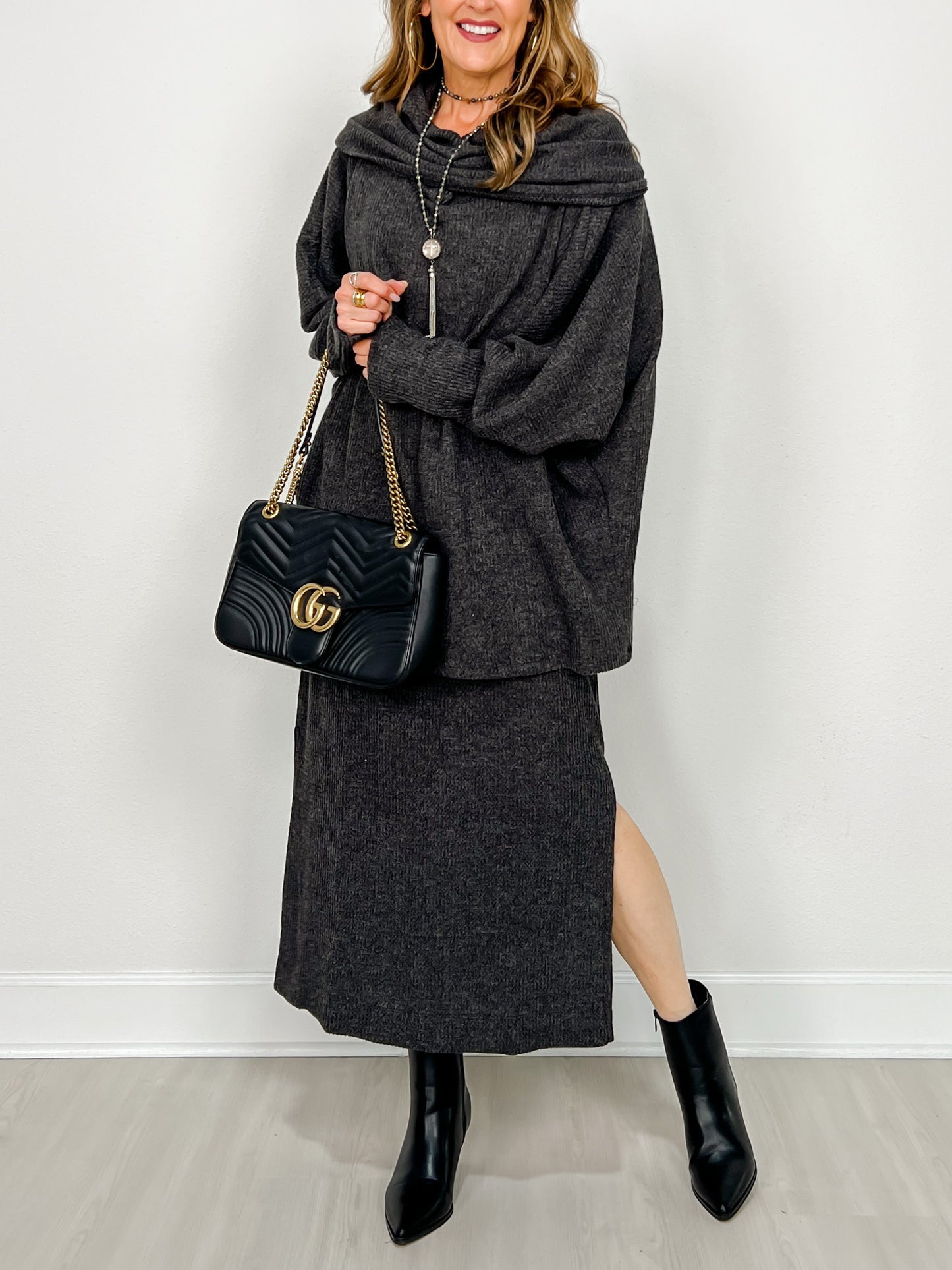 Brushed Thermal Cowl Neck 2-Piece Set in Black