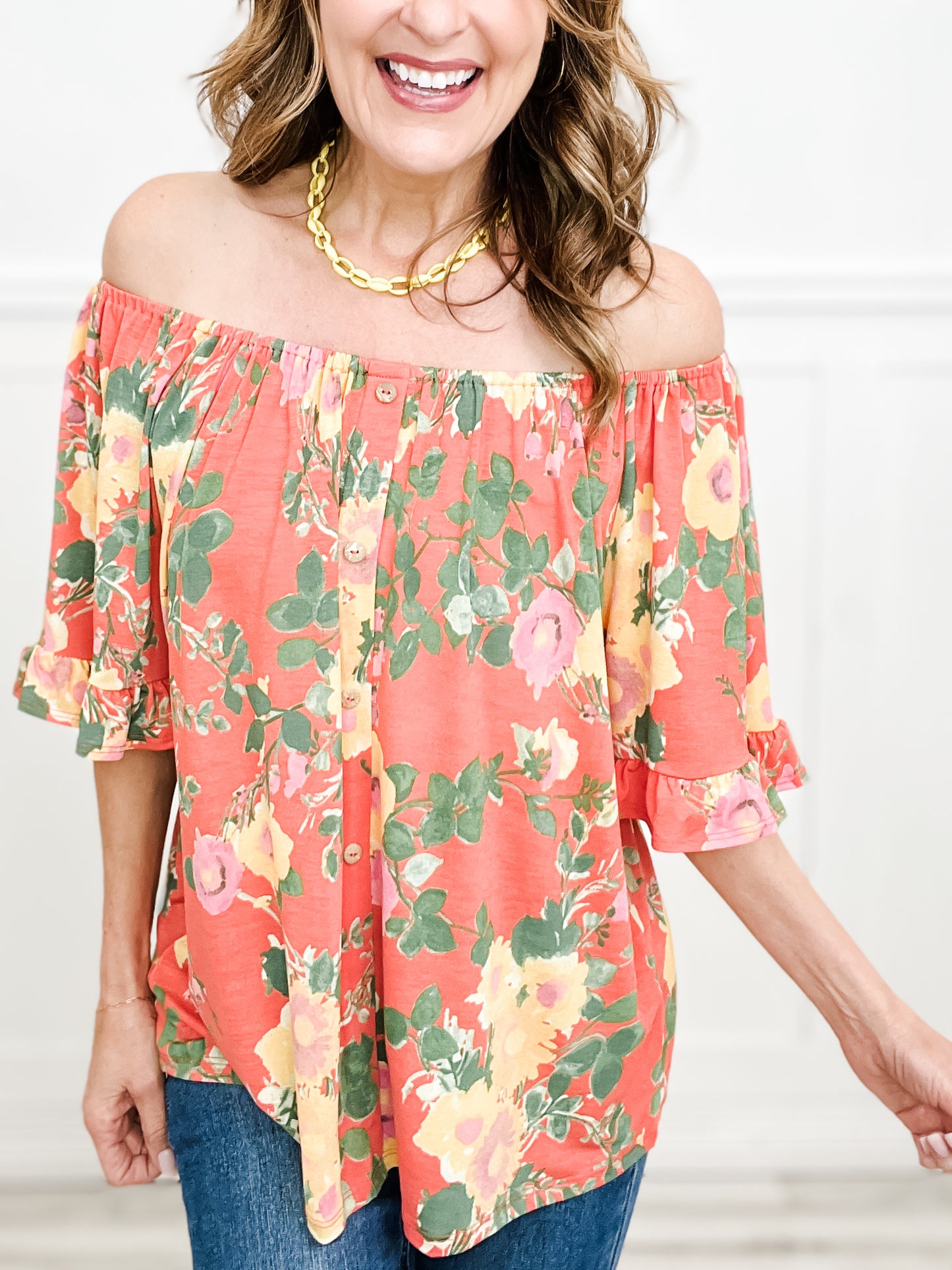 Spring Dreaming Off Shoulder Button Down Floral Top