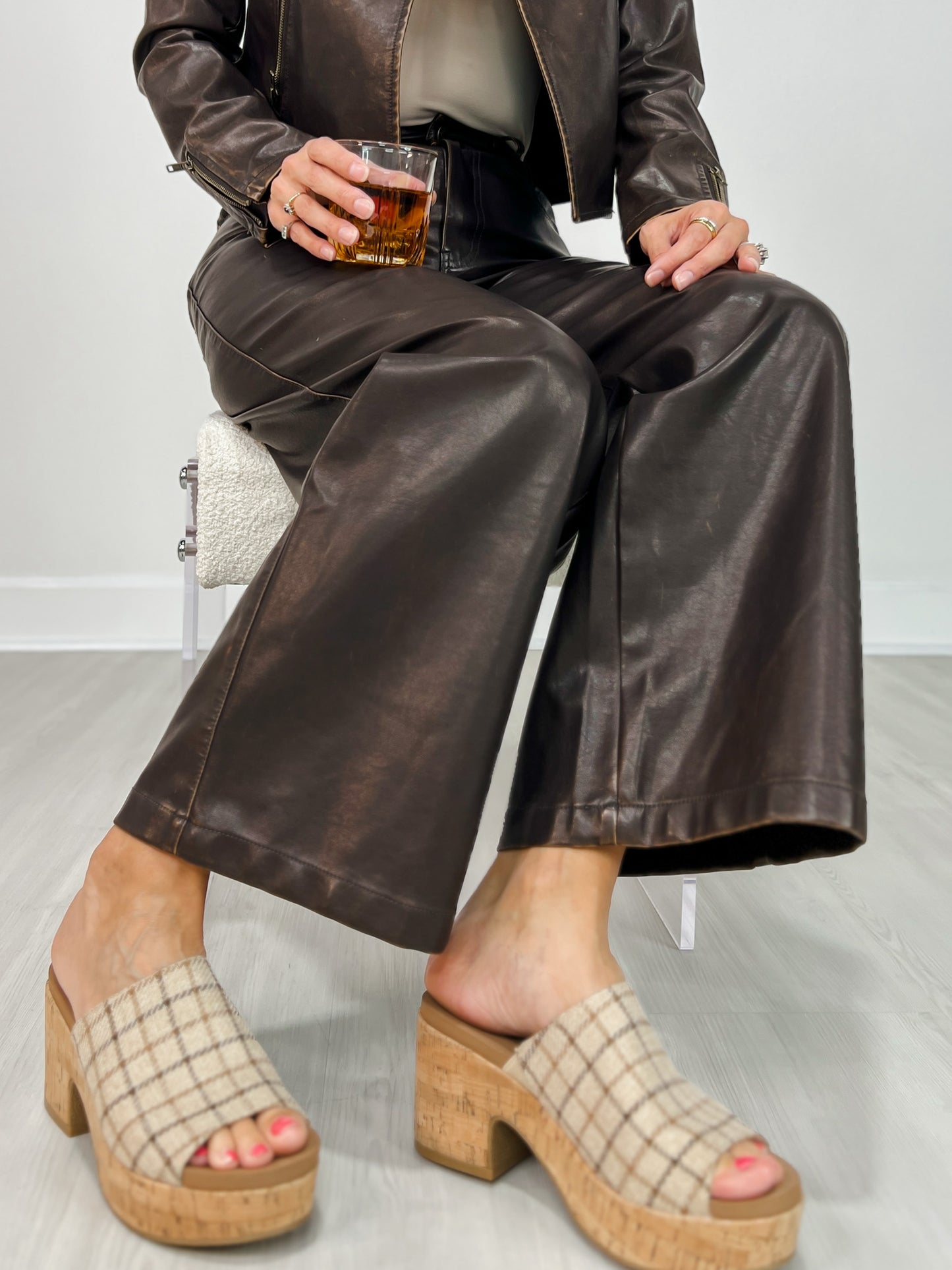 Distressed Faux Leather Wide Leg Pants