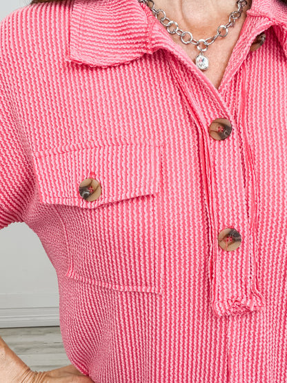 Relaxed Fit Ribbed Henley Top with Collar and Front Pockets