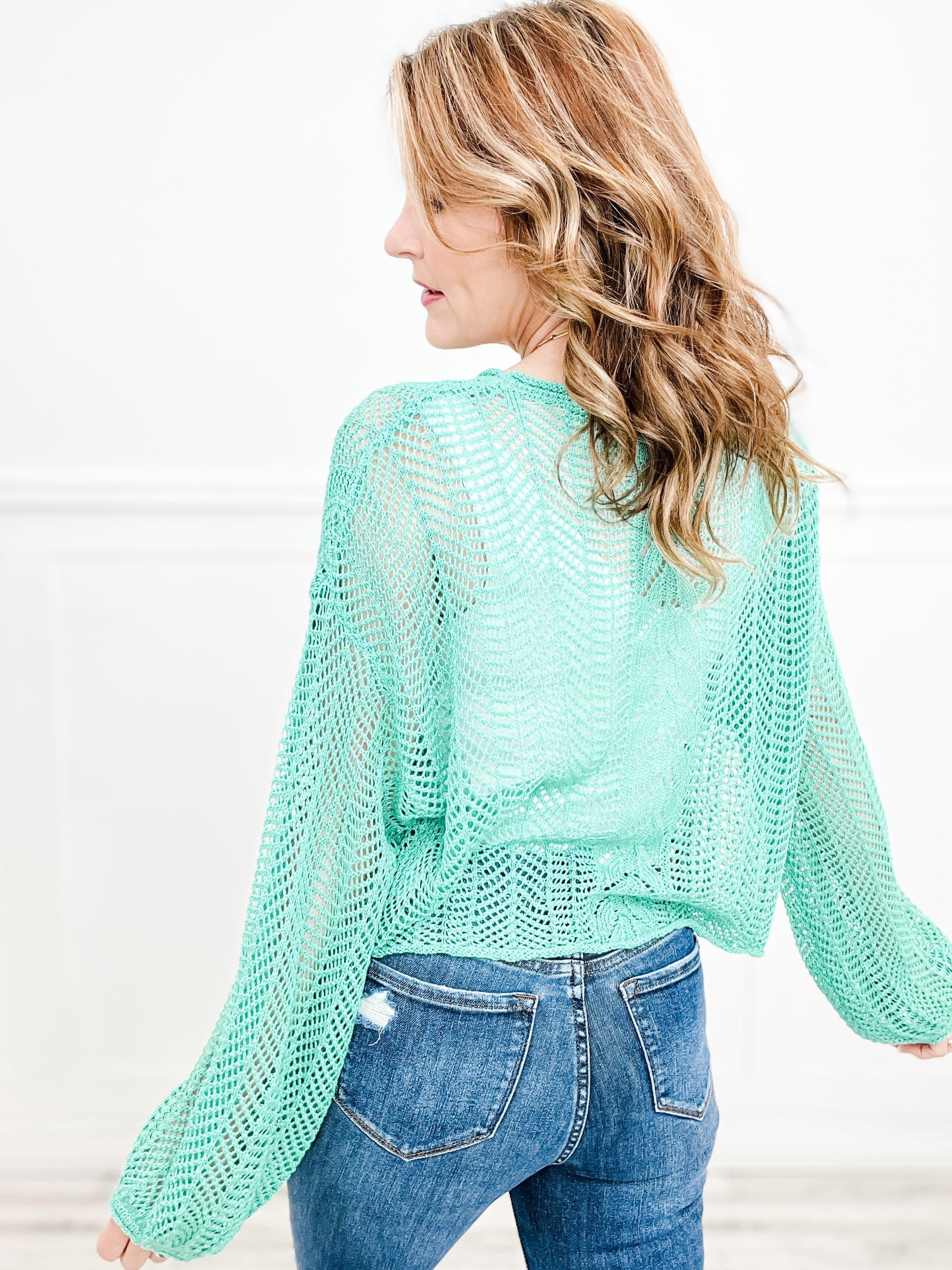 Vintage Wash Balloon Long Sleeve Cable Sweater