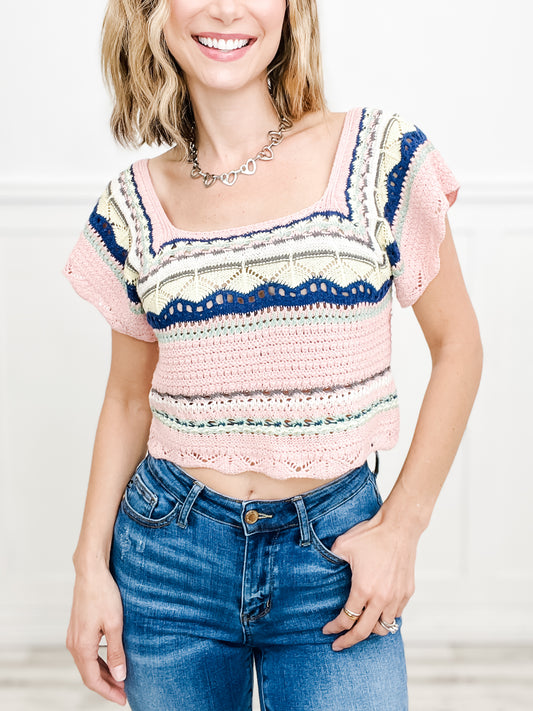 Cropped Pattern Square Neck Cropped Top Sweater