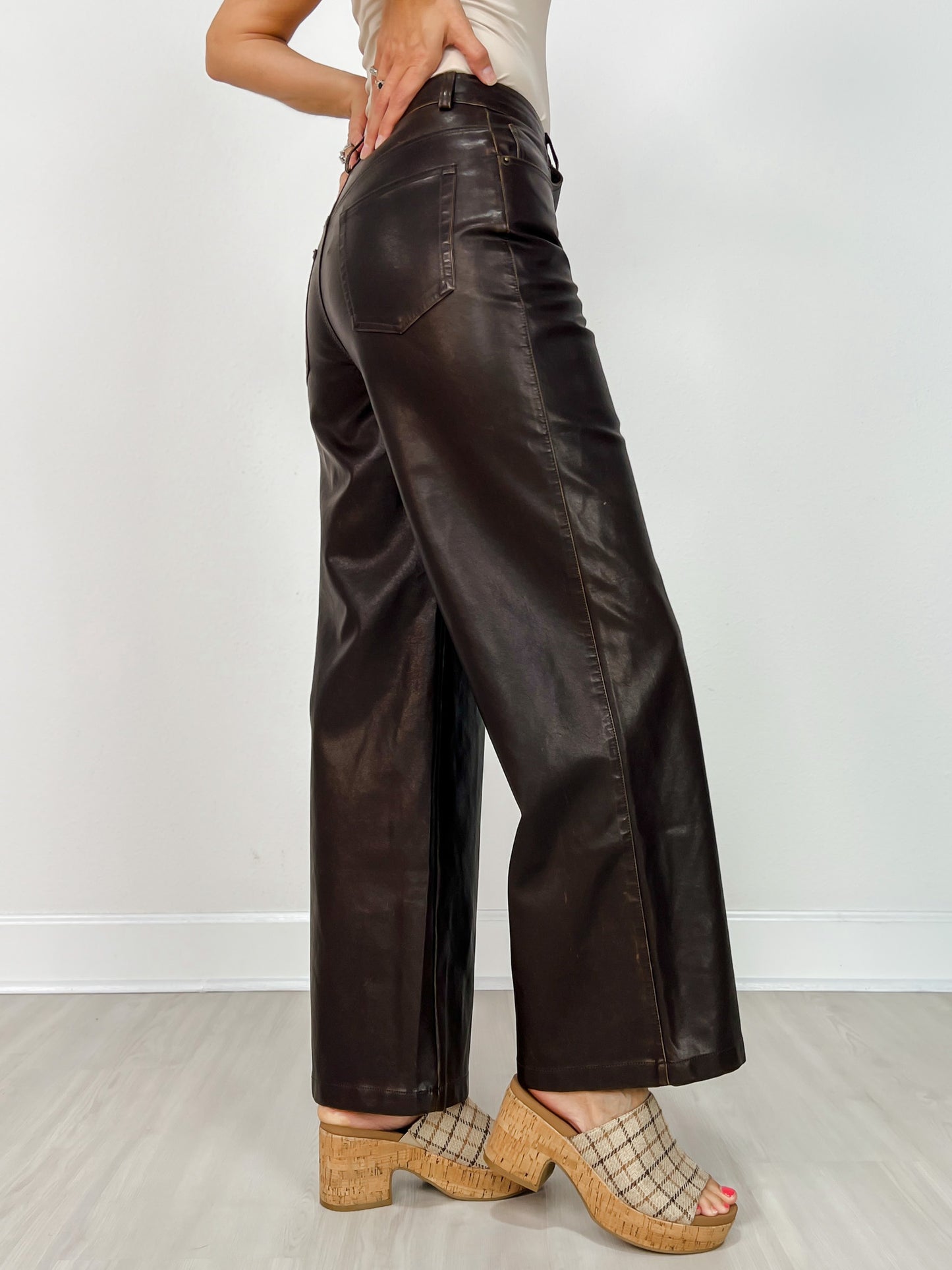 Distressed Faux Leather Wide Leg Pants