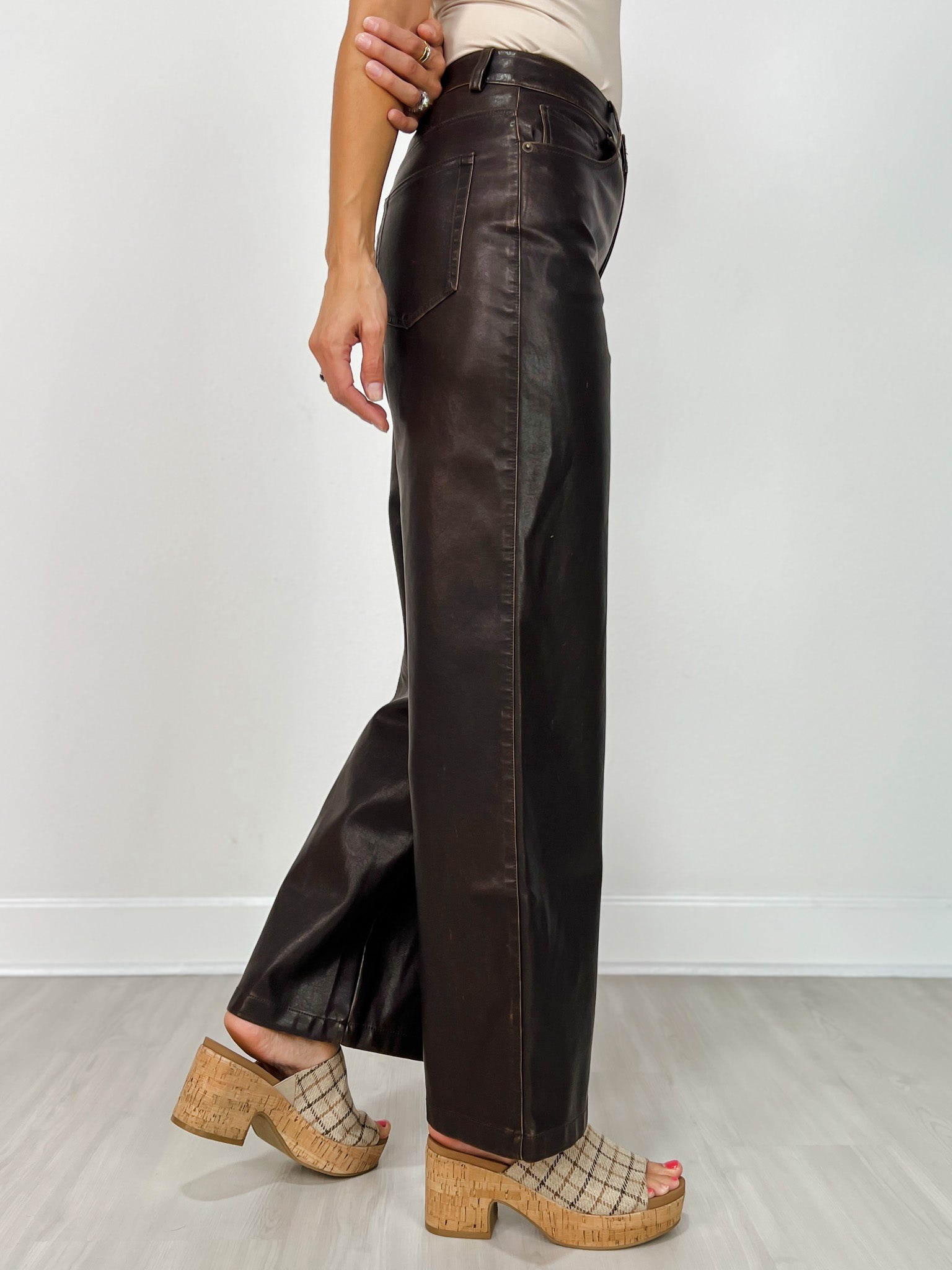 Distressed Faux Leather Wide Leg Pants