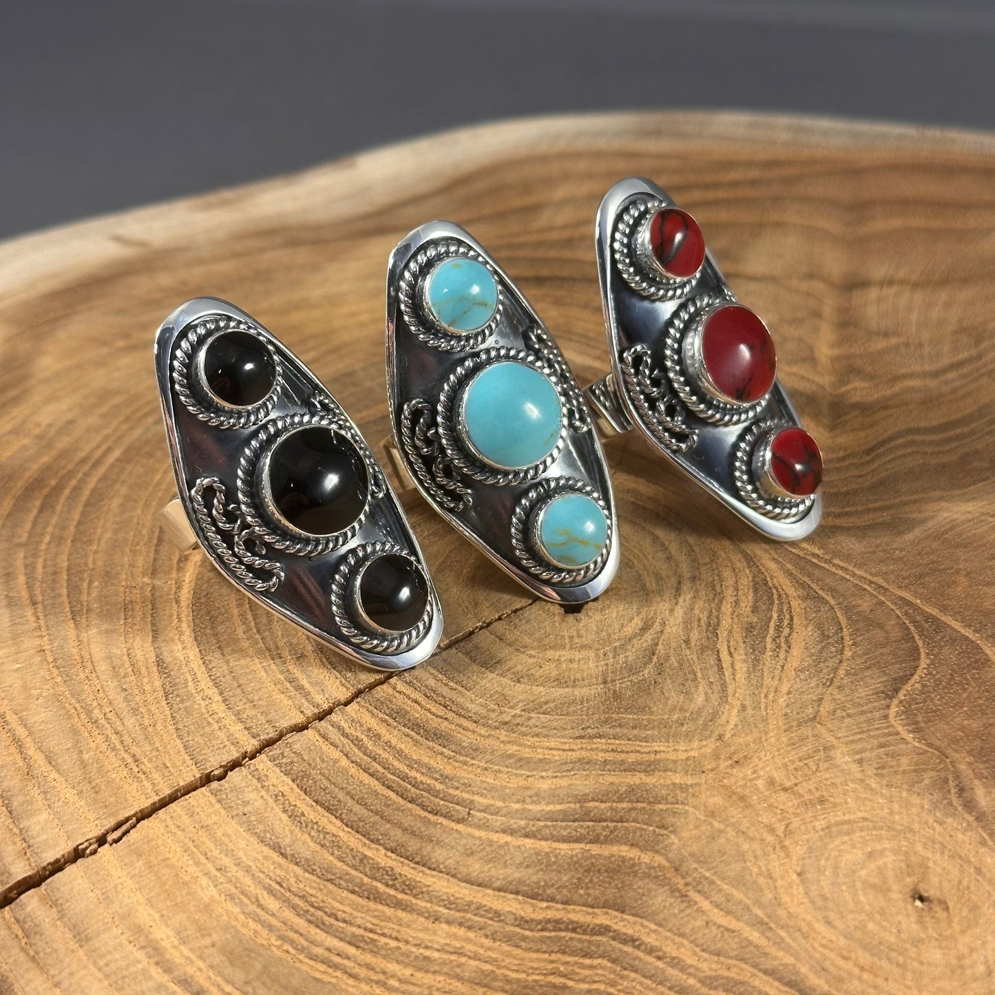 Triple Stone Oxidized Adjustable Ring