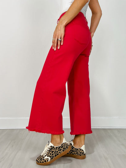 Risen Tummy Control High-Rise Crop Wide Leg Pants in Scarlet