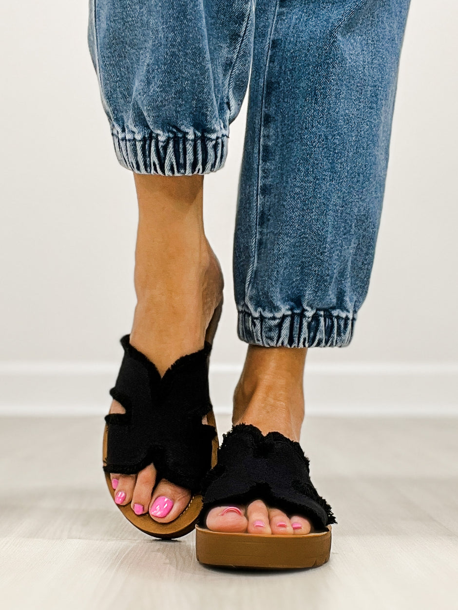 Corkys Hold Please Sandals in BLACK FRAYED