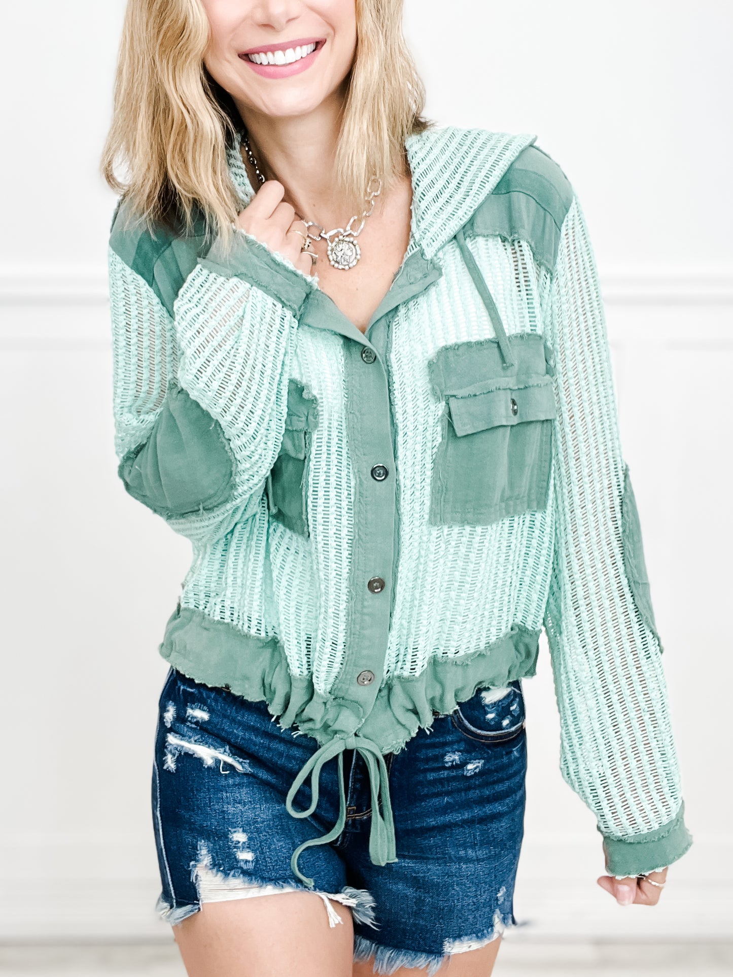 Break The Ice Open Knit Button Down Hooded Shirt Top