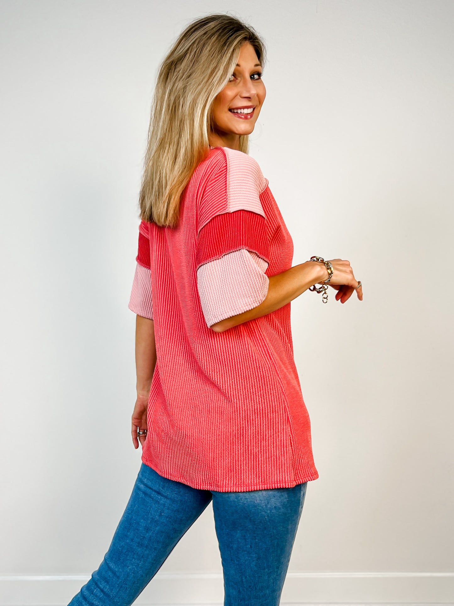 Colorblock Multi Short Sleeve Urban Rib Knit Top