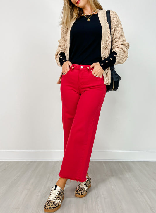 Risen Tummy Control High-Rise Crop Wide Leg Pants in Scarlet