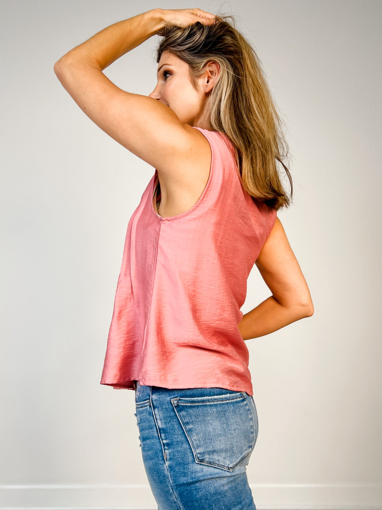 Half Button Down Pintuck Sleeveless Woven Top