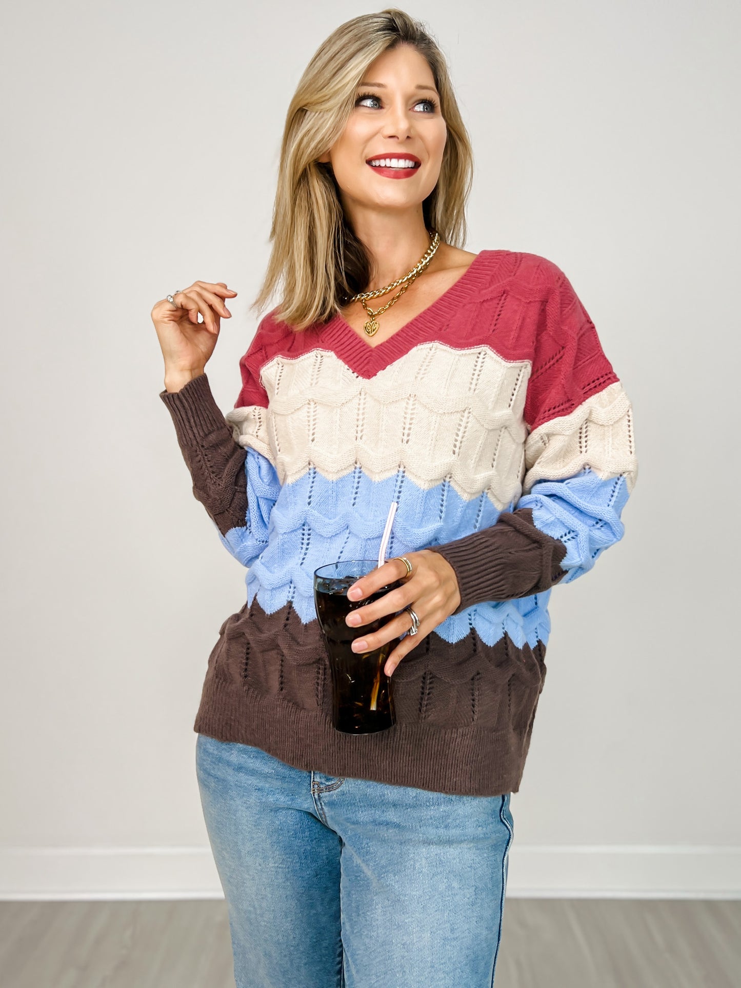 V-Neckline Cozy Waves Color Block Sweater