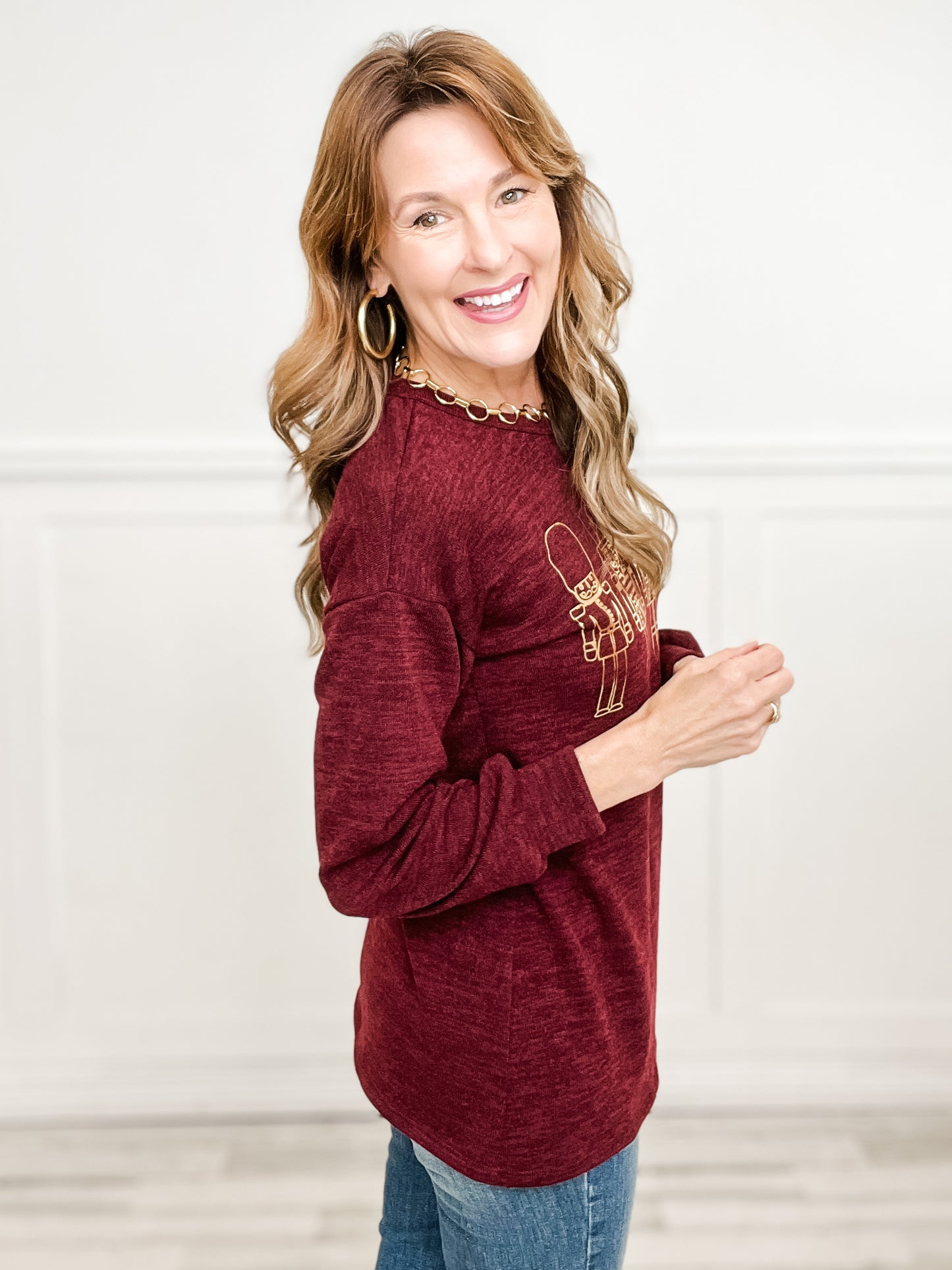 Long Sleeve Top with Gold Applique Nutcrackers