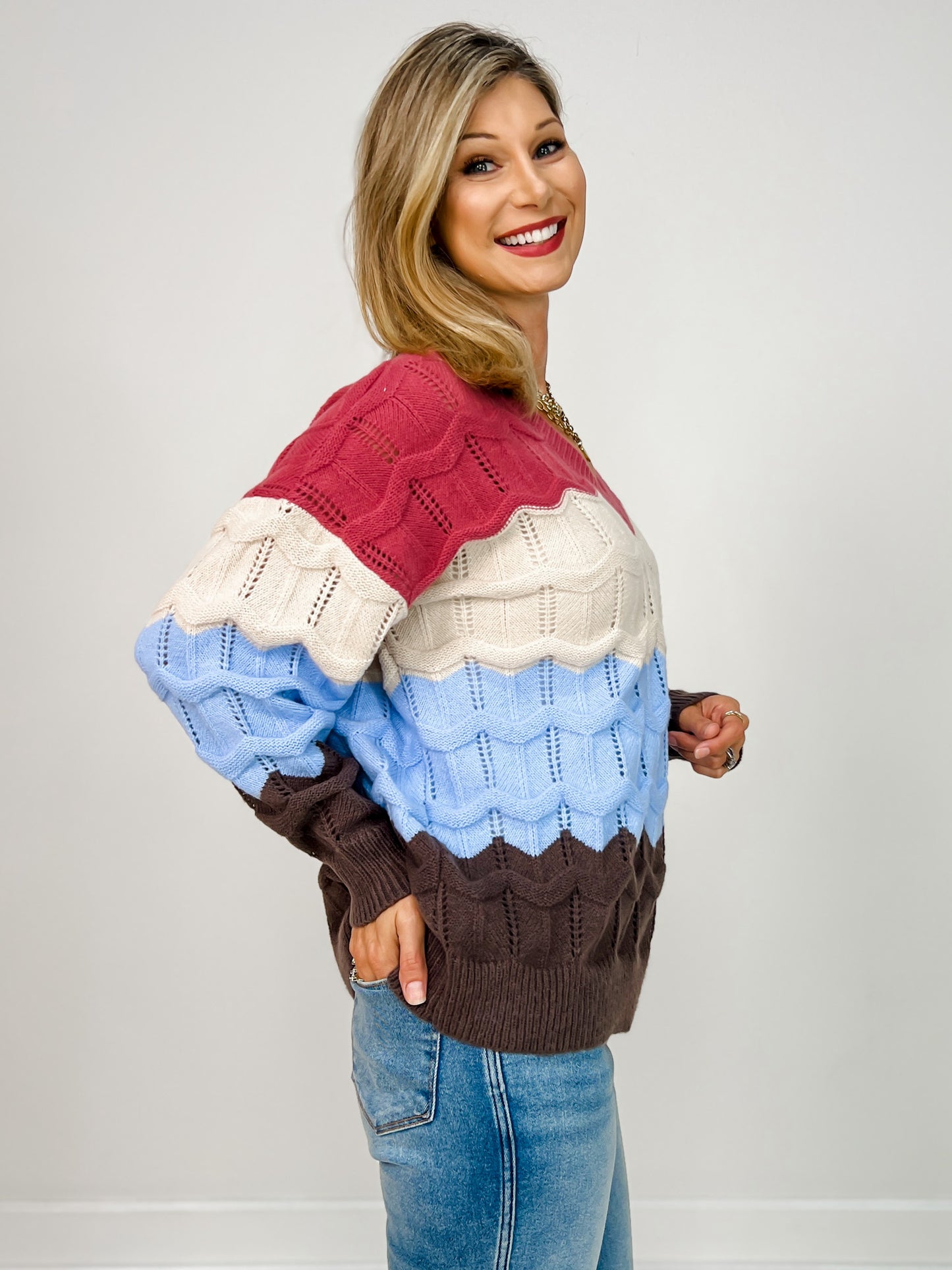V-Neckline Cozy Waves Color Block Sweater