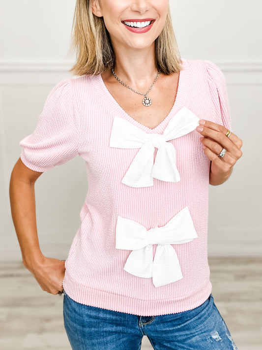 Short Sleeve Ribbed V-Neck Knit Top with Bow Details