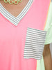 COLOR BLOCK V NECK TOP WITH PIN STRIPE