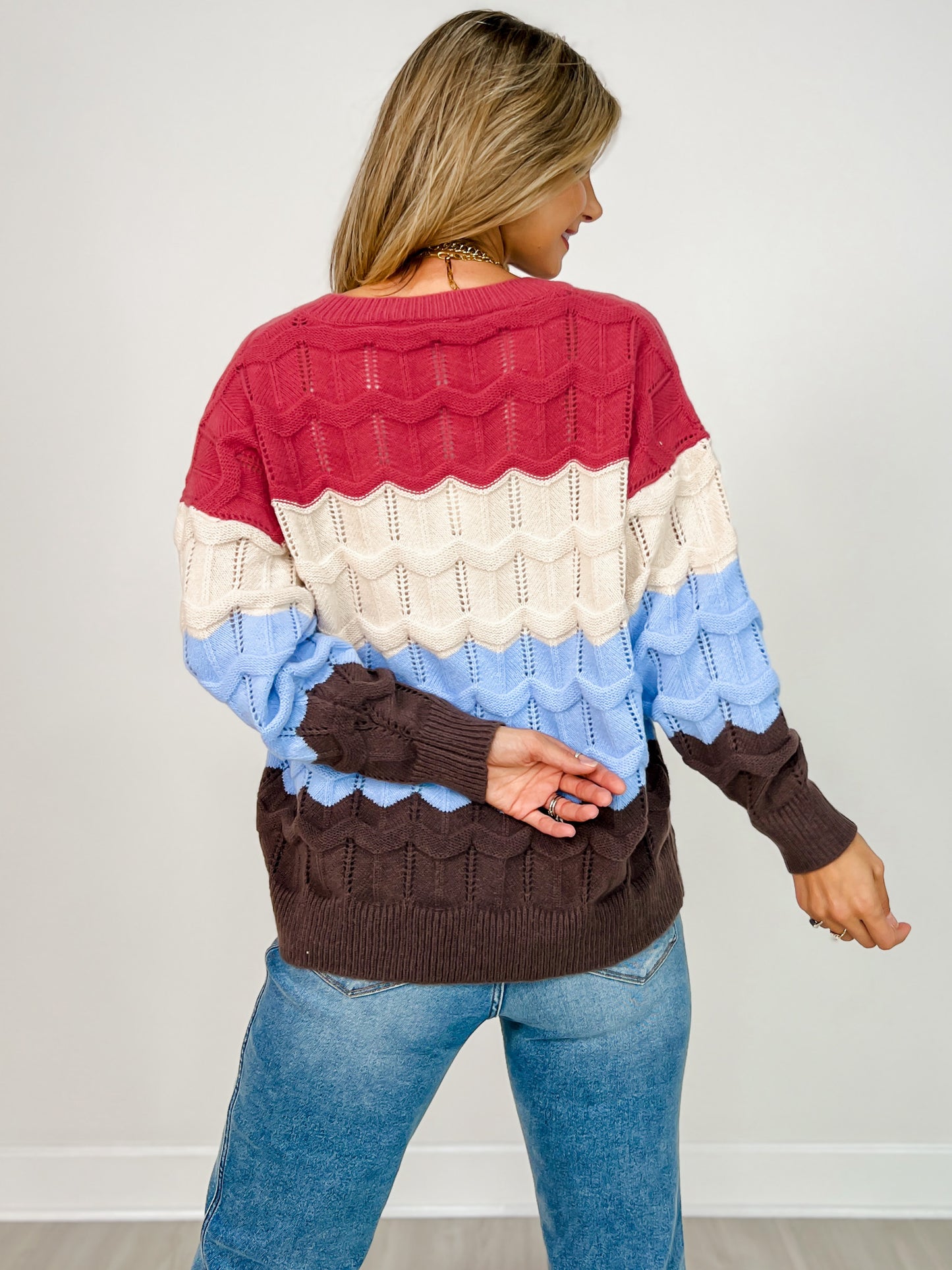 V-Neckline Cozy Waves Color Block Sweater