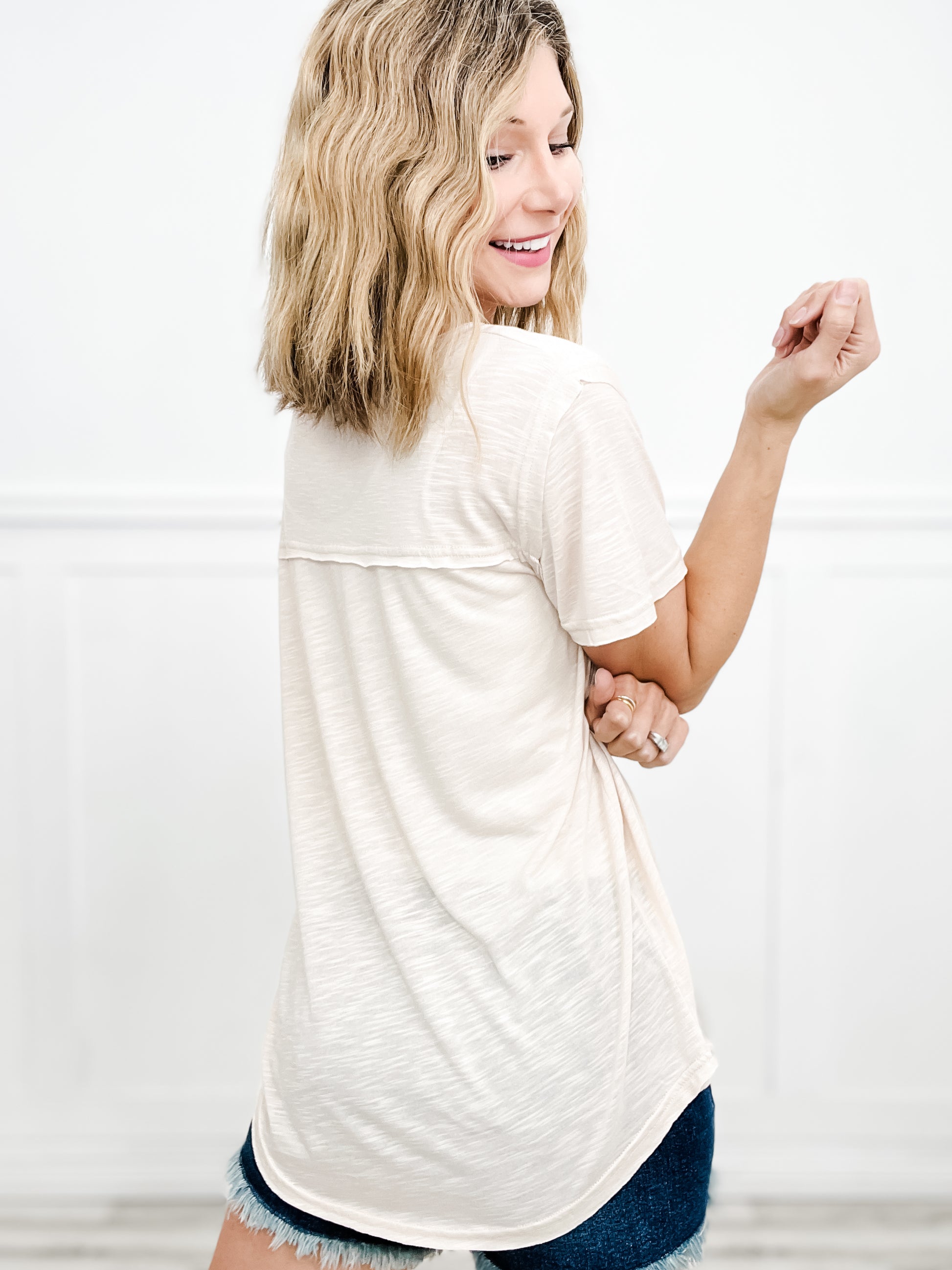 Oversized V-neck Front Pocket Short Sleeve Top