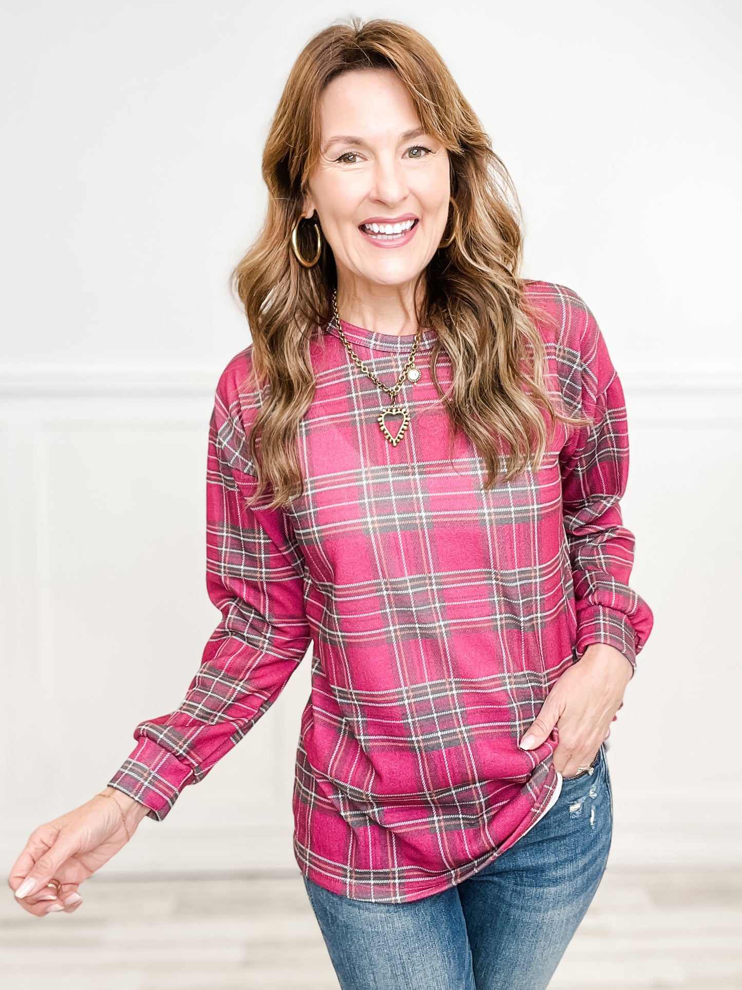 Long Puff Sleeve Plaid Top with Rounded Neckline