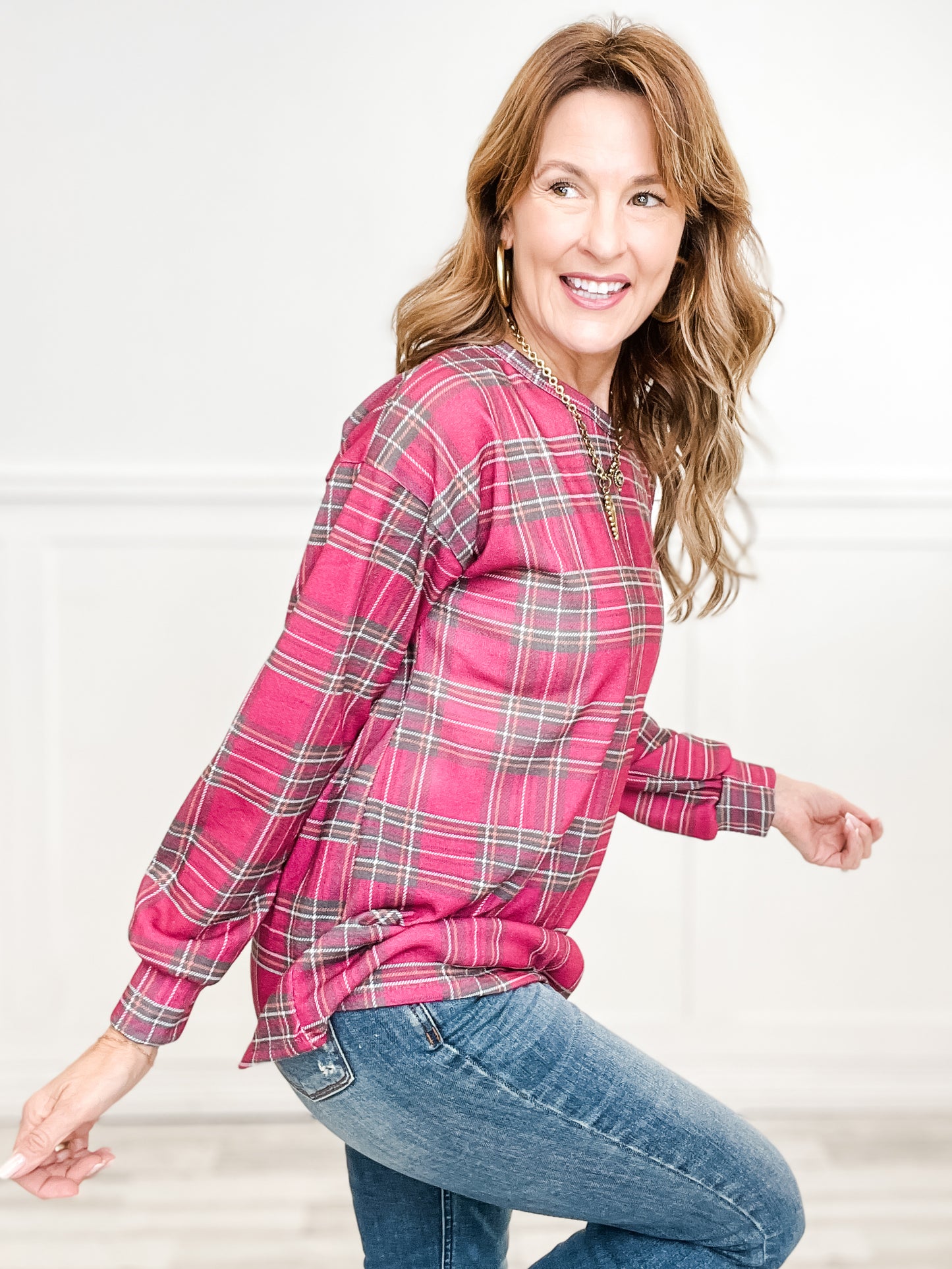 Long Puff Sleeve Plaid Top with Rounded Neckline