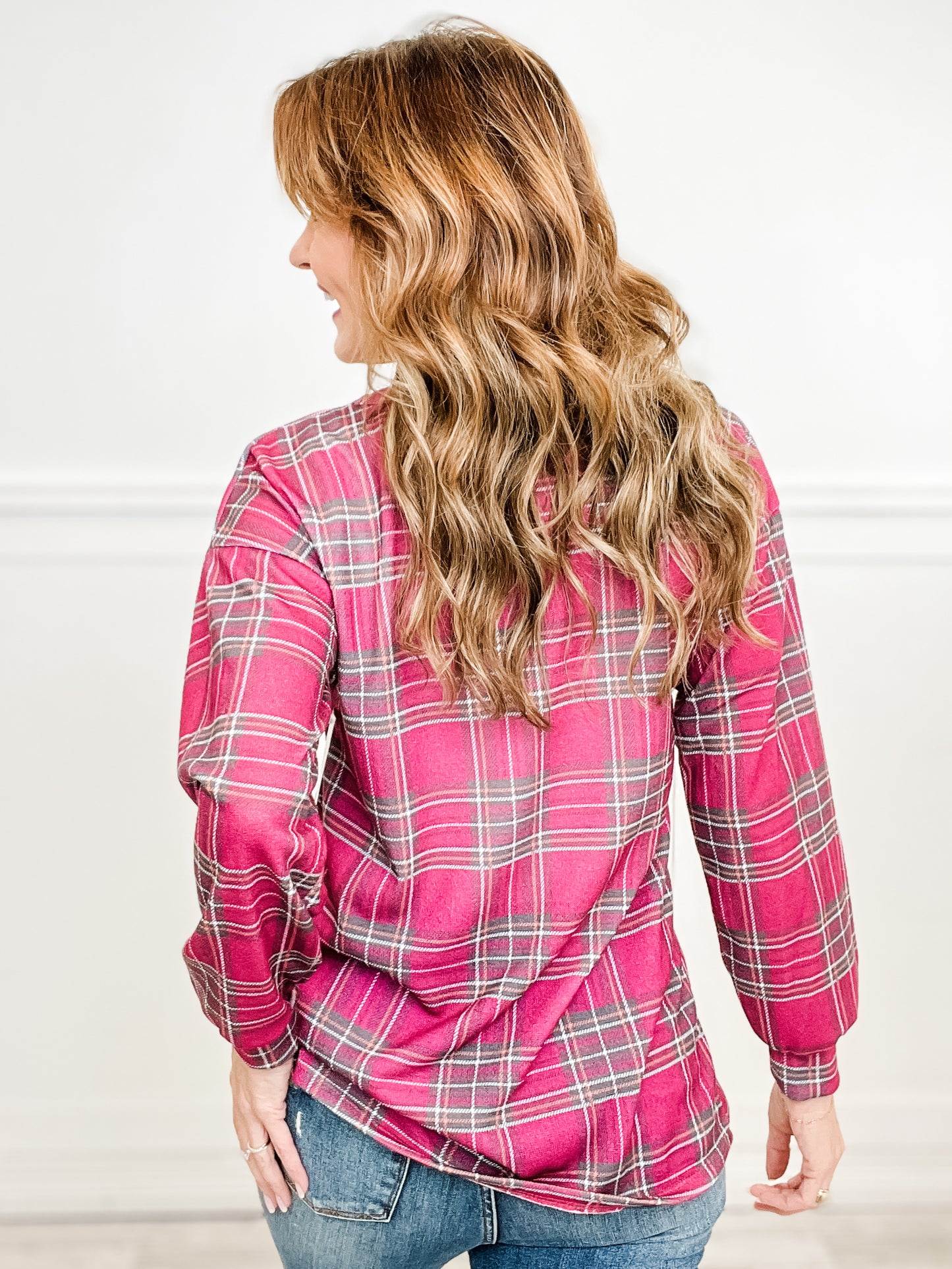 Long Puff Sleeve Plaid Top with Rounded Neckline