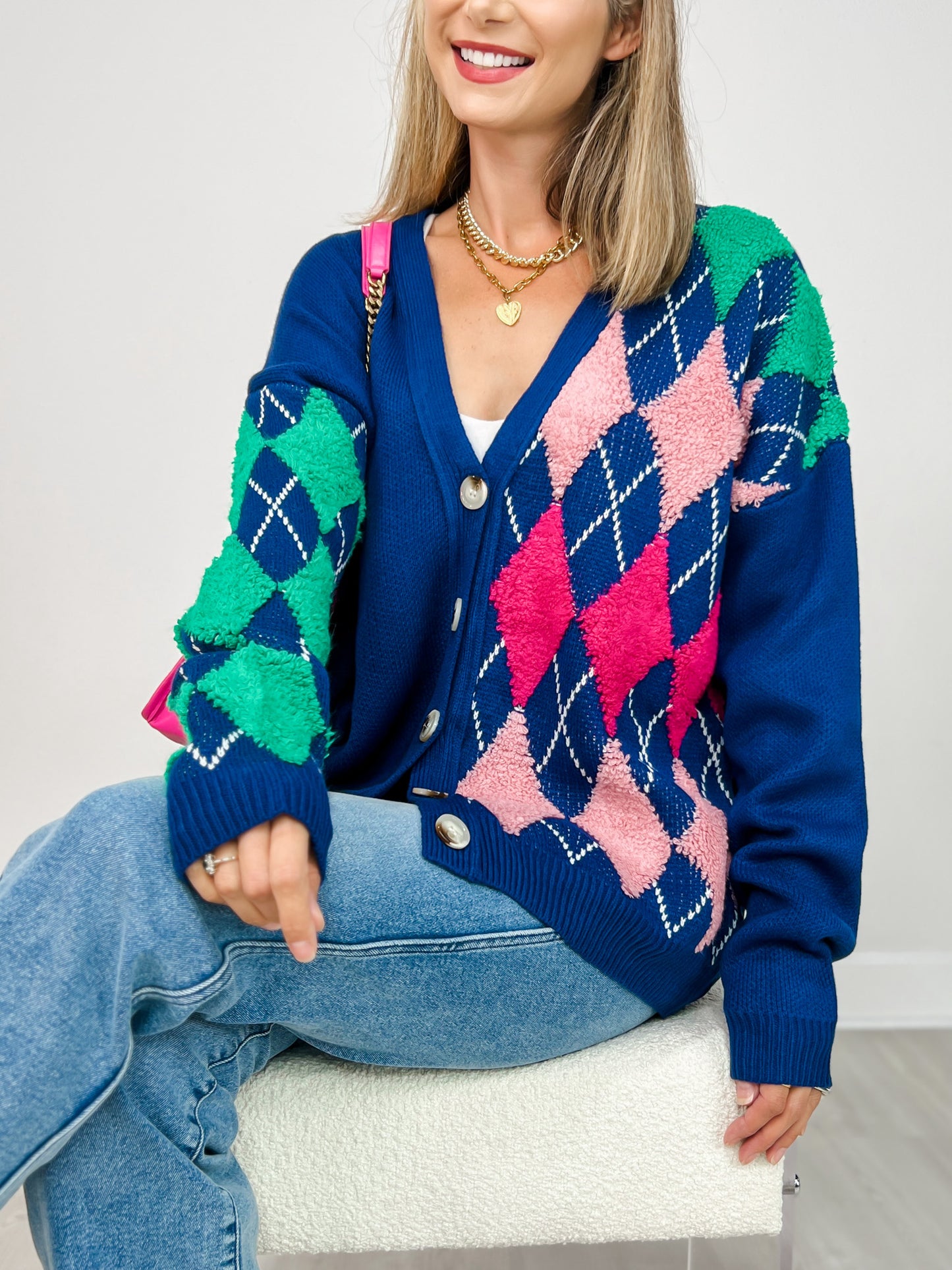 Plush Argyle Button Front Loose Fit Knit Cardigan