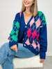 Plush Argyle Button Front Loose Fit Knit Cardigan