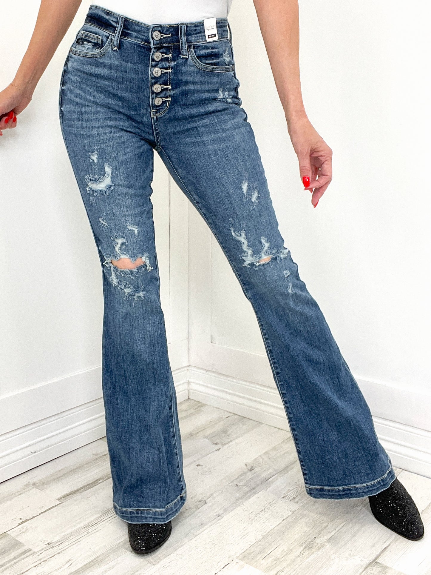 Judy Blue LUNA Button Fly Distressed Trouser Denim Jeans