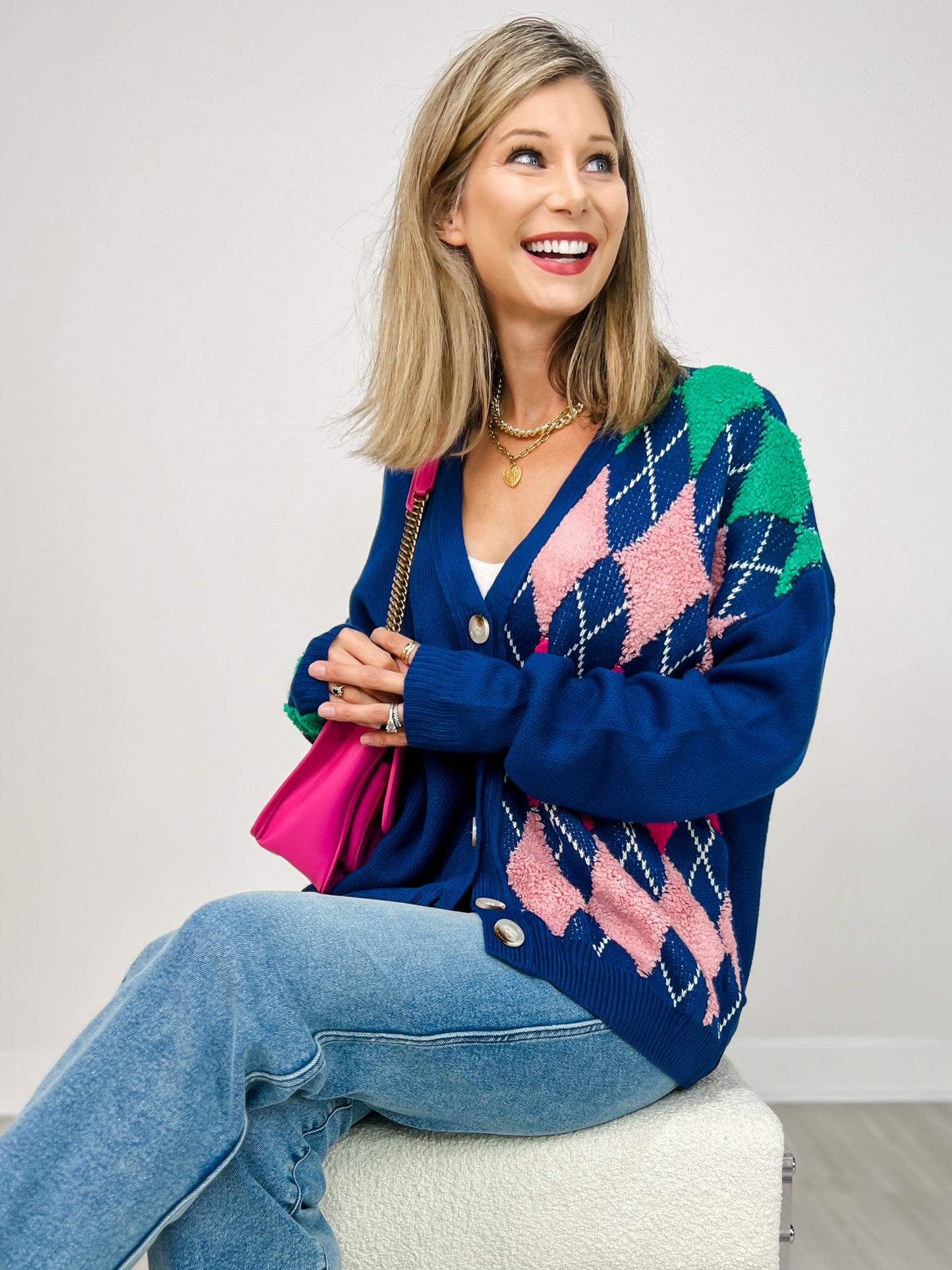 Plush Argyle Button Front Loose Fit Knit Cardigan