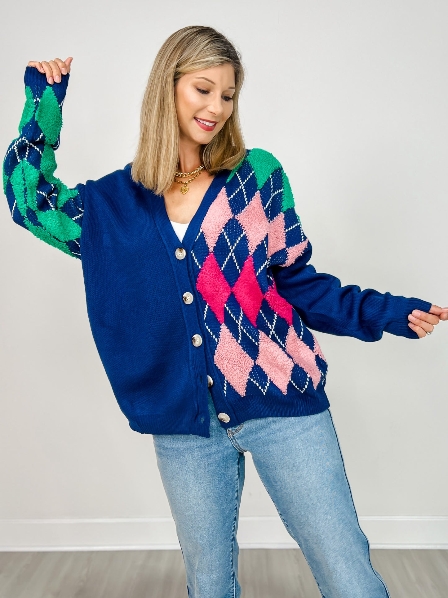 Plush Argyle Button Front Loose Fit Knit Cardigan