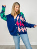 Plush Argyle Button Front Loose Fit Knit Cardigan