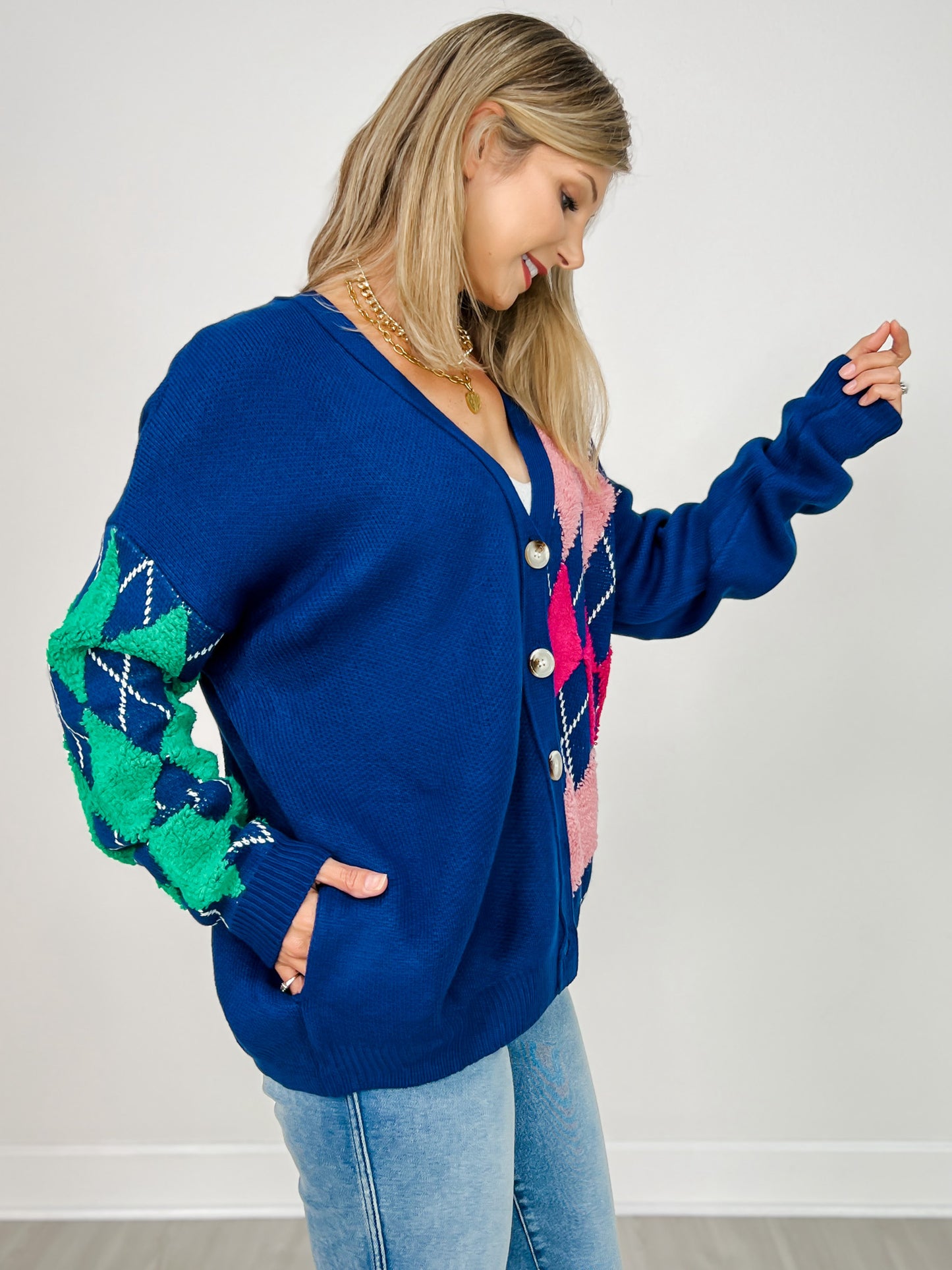 Plush Argyle Button Front Loose Fit Knit Cardigan