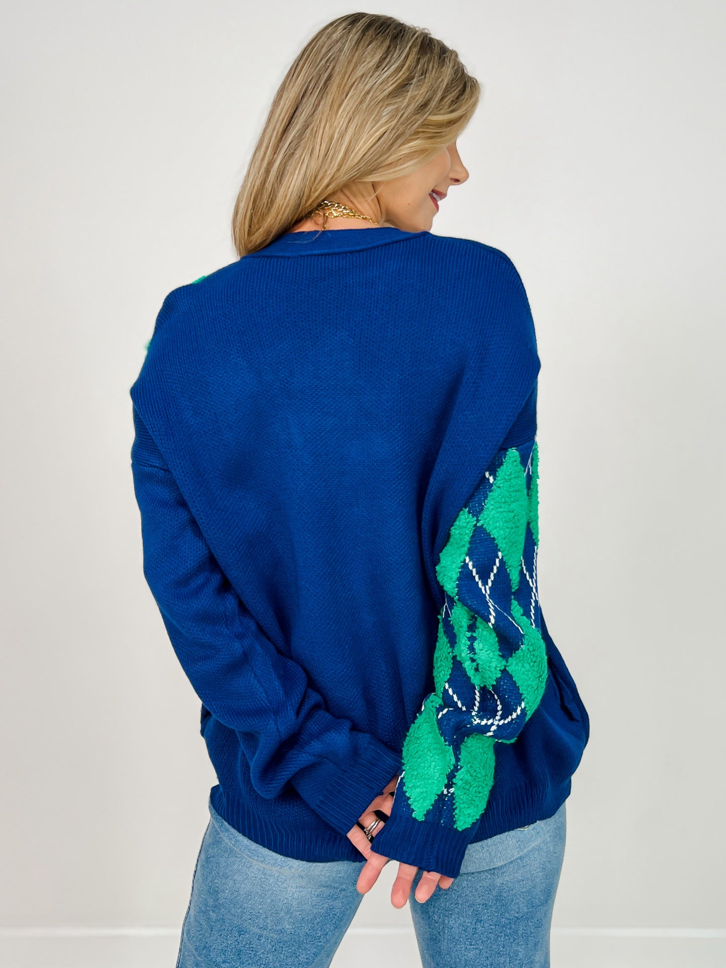 Plush Argyle Button Front Loose Fit Knit Cardigan